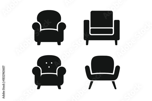 Four different styles of armchairs displayed in black silhouette against a light background, showcasing modern and classic designs