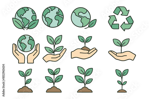 Growing nature and sustainability concepts illustrated with hands, plants, and Earth in a simple design