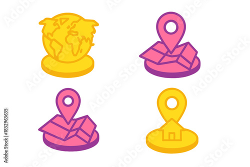 Colorful icons representing global location and home mapping concepts in a modern design setting
