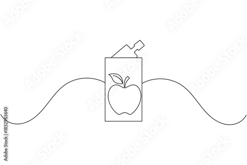 Outline drawing apple juice box with straw, refreshing beverage illustration