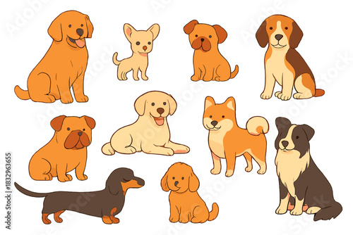 Various cartoon dogs in an engaging and cheerful arrangement showcasing different breeds and sizes