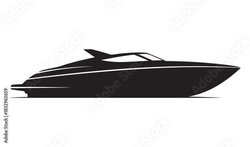 Sleek modern black luxury yacht silhouette on white background