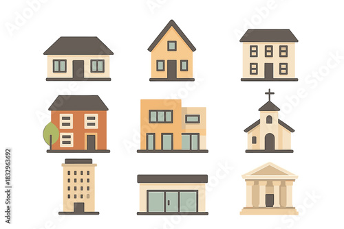 Various types of houses and buildings illustrated in a flat design style for urban planning concepts