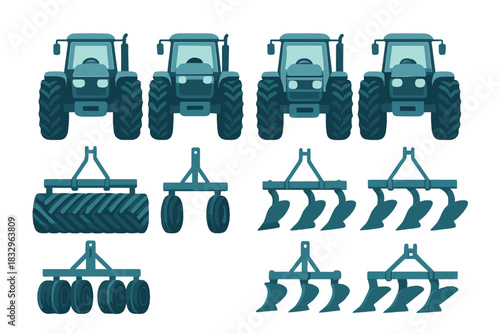 Tractors and farming equipment for soil preparation and agricultural practices