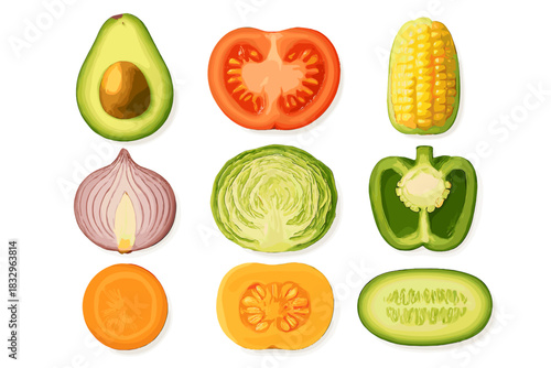 Collection of colorful vegetable slices arranged in a grid pattern showing freshness and variety in food presentation