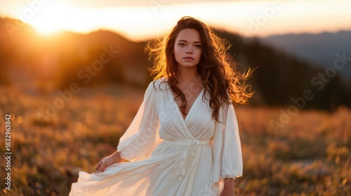 A breathtaking portrait of a young woman in a flowing white dress, captured against the backdrop of a captivating sunset, reflecting beauty and tranquility in nature.