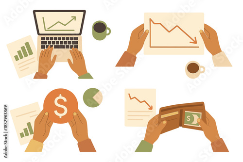 Hands working with financial graphics and currency in a workspace setting during daytime