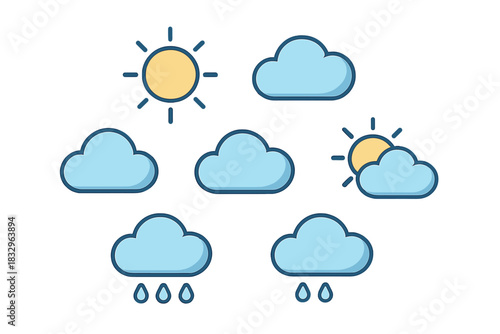 Weather symbols depicting sunny, cloudy, and rainy conditions with bright colors and simple shapes