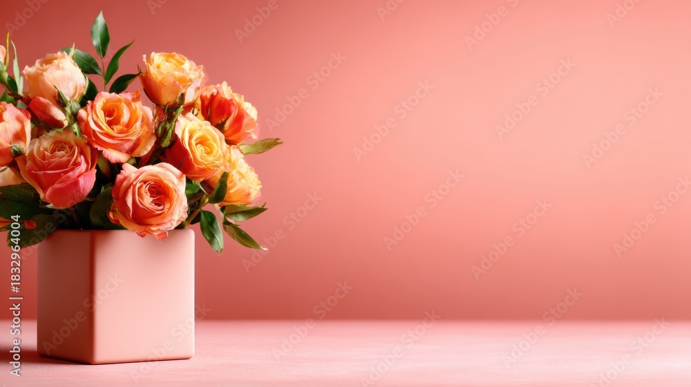 Fototapeta premium A stunning arrangement of soft-colored roses in a contemporary pink vase, representing love and beauty, perfect for enhancing spaces with elegance and joy.