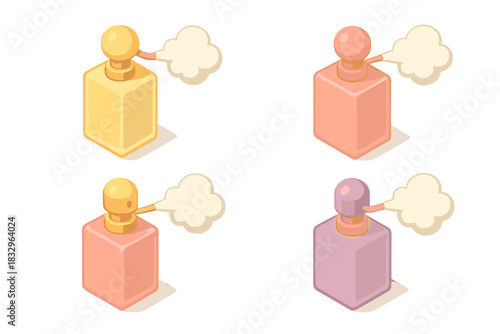 Colorful collection of decorative perfume bottles with elegant designs and soft fragrance clouds