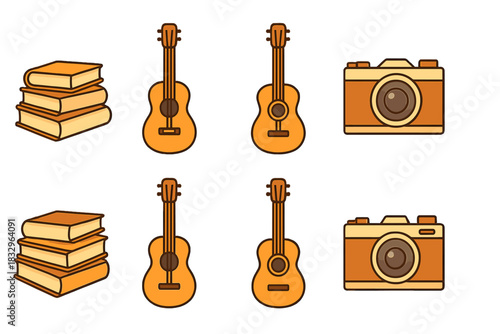 Colorful illustrations of guitars, books, and a camera, showcasing creative interests in music and literature during leisure time