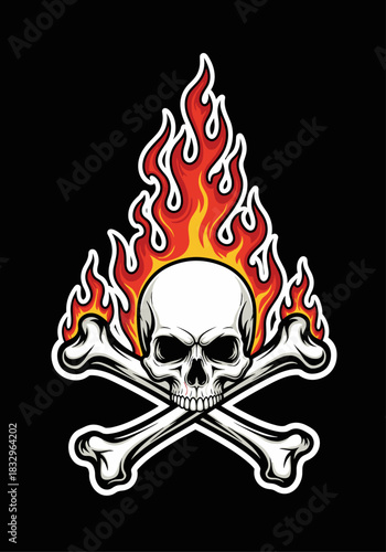 Skull with crossed bones and blazing fire flames in bold graphic tattoo style