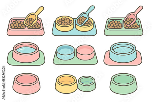 Colorful pet food bowls and utensils arranged in a neat display showing the essentials for feeding pets at home