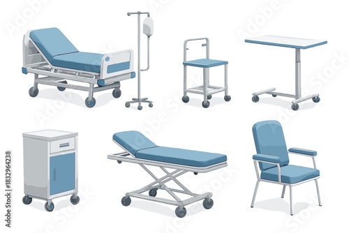 Hospital furniture set includes beds, chairs, and tables designed for patient care and comfort