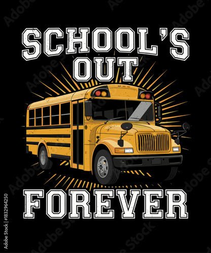 Retro summer break design with school bus and “School’s Out” text in playful pop style