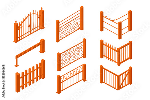 Various styles of decorative fences and gates displayed in bright orange colors for landscaping or property borders