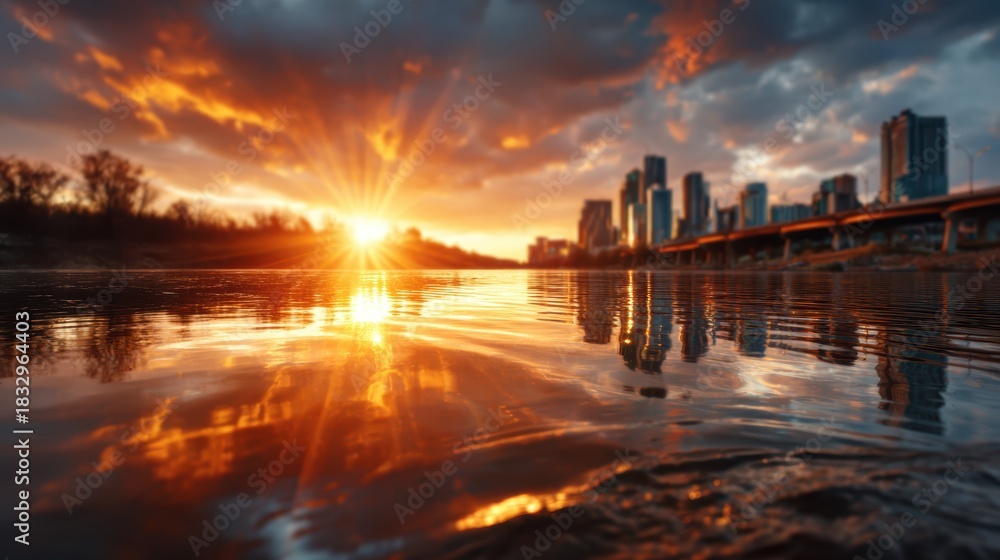 Fototapeta premium A vibrant urban sunset reflecting off the water, creating a captivating scene that blends nature with city life, evoking feelings of nostalgia and serenity in urban photography.