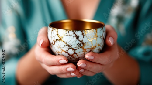 Wallpaper Mural A close-up of elegantly manicured hands holding a stunning bowl adorned with gold, set against a soft turquoise background, emphasizing beauty, craftsmanship, and connection. Torontodigital.ca