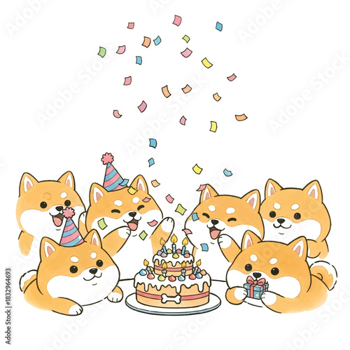 Cute Shiba Inu Dogs Celebrating Birthday Party with Cake and Confetti