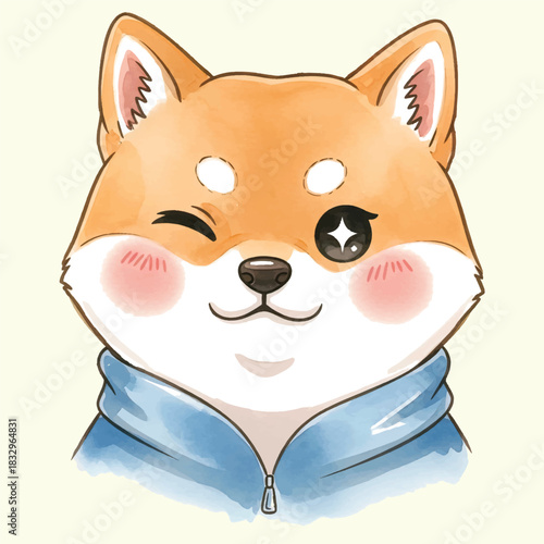 Winking Shiba Inu Dog Face Portrait Wearing Blue Hoodie