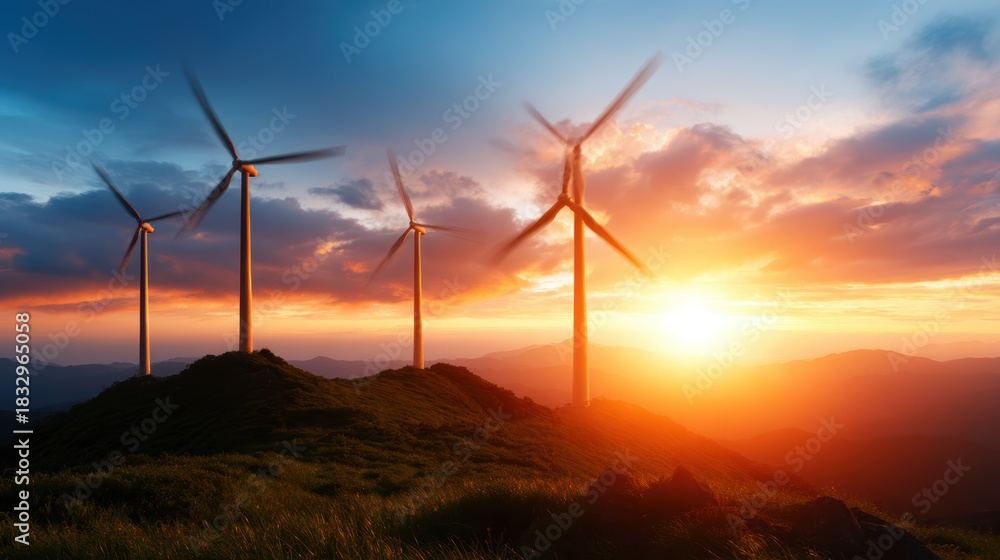 Obraz premium This stunning image captures wind turbines silhouetted against a vibrant sunset, showcasing the harmony between renewable energy and natural beauty in a serene landscape.