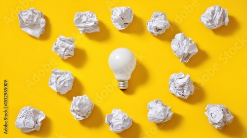 An illuminated light bulb surrounded by crinkled papers on a vibrant yellow background,