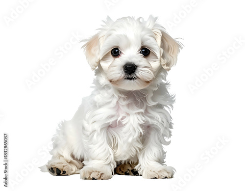 Small white fluffy puppy sits looking forward on a plain black background