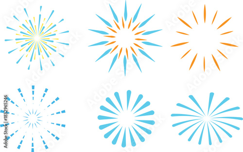 Collection of six abstract stylized sunbursts and starbursts with vibrant teal orange and yellow hues