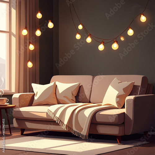 Cozy living room with string lights and plush sofa