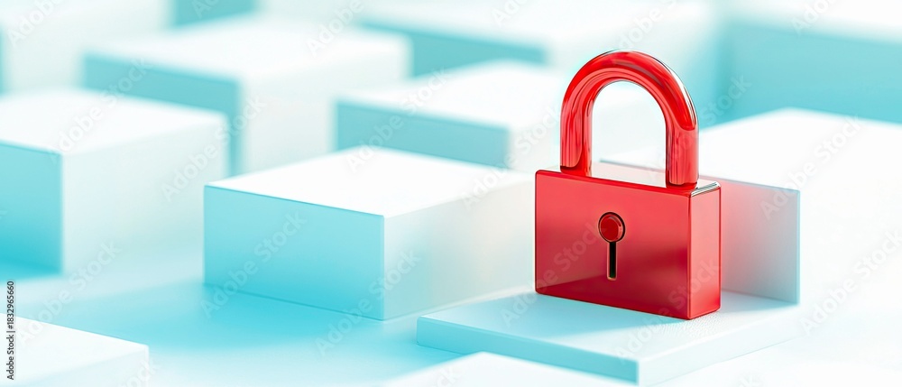 Fototapeta premium A red padlock sits on a white cube, surrounded by other white cubes, symbolizing security and protection. The image has bright, clean lighting.