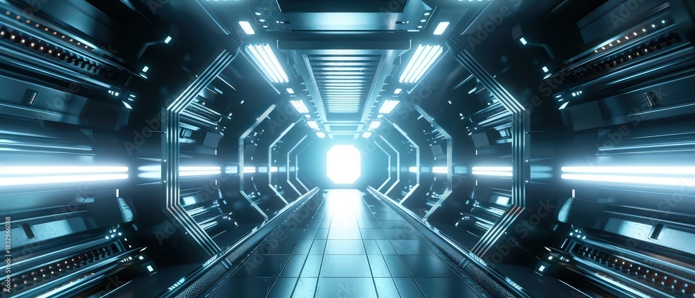 Fototapeta premium Glowing blue lights illuminate a high-tech science fiction corridor, resembling a spaceship or space station interior from a sci-fi movie.