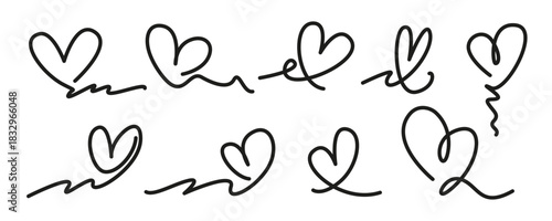 Doodle hearts set. Decorative line art style hearts. Cute heart. Vector symbol of love.