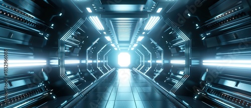Fototapeta Naklejka Na Ścianę i Meble -  Glowing blue lights illuminate a high-tech science fiction corridor, resembling a spaceship or space station interior from a sci-fi movie.
