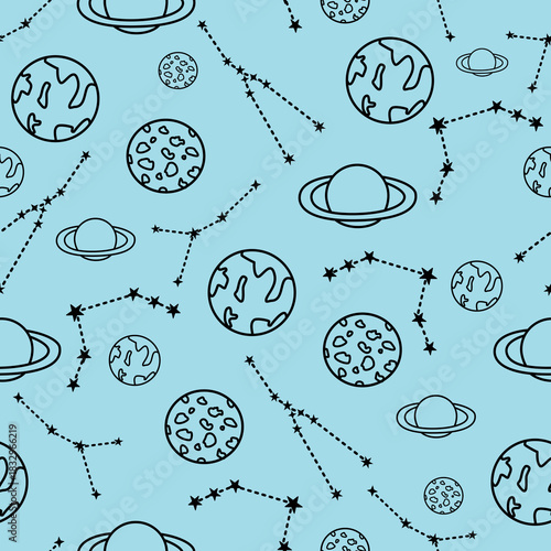 seamless pattern with doodle elements space, rocket, planets, stars