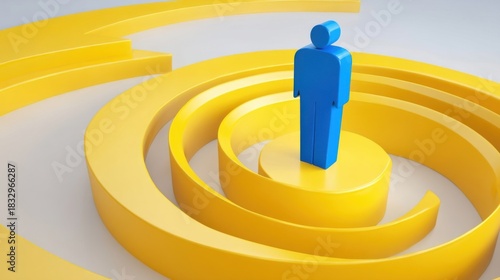 Abstract three-dimensional shape with yellow concentric circles around a blue geometric humanoid figure,