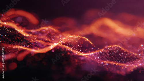 Abstract vibrant digital waves of sparkling particles in fiery red and purple hues, creating a dynamic futuristic energy flow.
