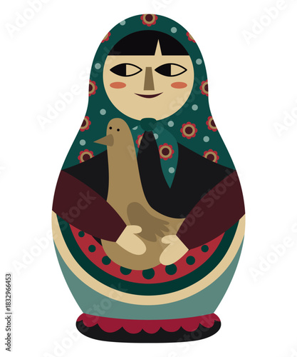 Matryoshka Doll Holding Duck Vector Illustration. Charming vector illustration of a russian doll, featuring a traditional design holding a duck.