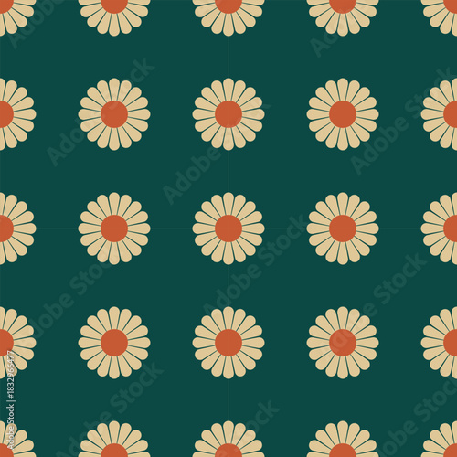Retro Floral Pattern Vector Illustration with Daisies. This vintage inspired vector illustration showcases uniform flower arrangements, ideal for fabric or wallpaper design.