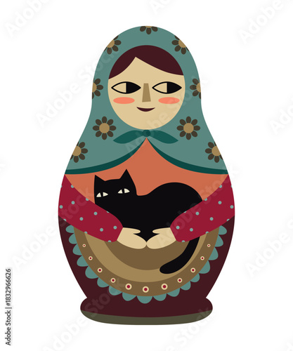 Russian Doll Holding Black Cat Vector Illustration. Traditional Russian doll art capturing a woman holding a black cat, designed in a classic folk style.