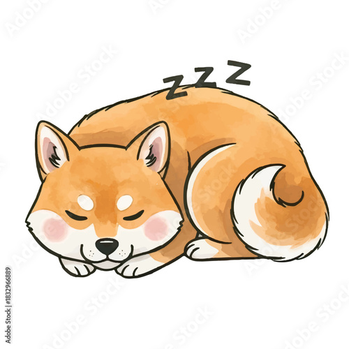 Cute Happy Shiba Inu Dog Sitting and Smiling (Watercolor Style)