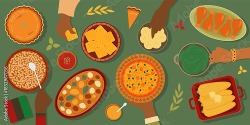 Top view African food feast for happy Kwanzaa celebration with hands sharing traditional dishes, jollof rice, cornbread, chicken, plantains, vegetables and festive community gathering at the table