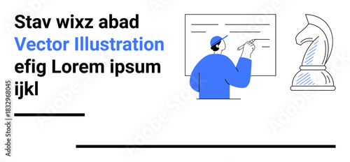 Strategy, planning, decision-making, corporate training, goal setting, business tactics. A person pointing at a board alongside a chess knight. Strategy and planning concept