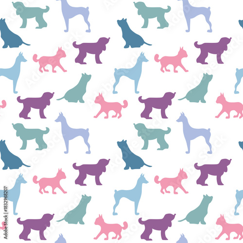 Vector seamless repeating childish pattern with cute dogs, cats in Scandinavian style. Animals background with dog, cat, pets, puppy for invitation, poster, card, flyer, textile, fabric.