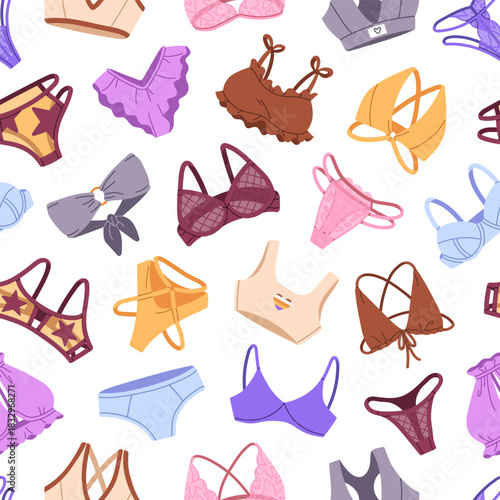Repeatable pattern of fashion lingerie: bras and panties. Endless background of stylish bikinis, female sports and lace underwear: brassieres, pants and thongs. Flat seamless vector illustration