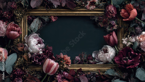 Opulent vintage golden frame surrounded by a dark, moody floral arrangement of peonies and tulips, featuring a dark central empty space.