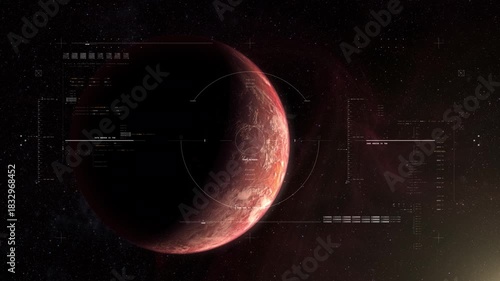 Alien planet with cinematic HUD targeting interface and deep space backdrop, creating a high-tech sci-fi surveillance and exploration atmosphere