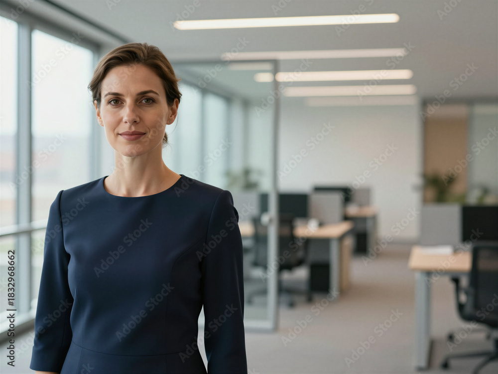 Obraz premium Business portrait of a woman in a navy dress standing in a bright modern office with natural daylight, clean open-plan interior and contemporary corporate environment