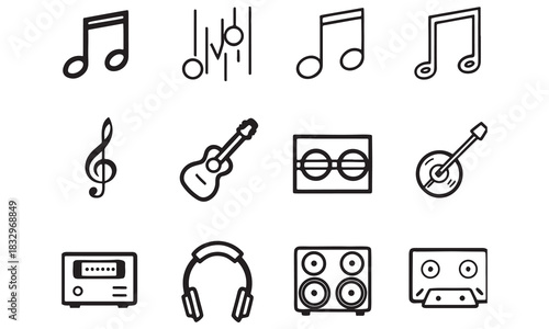 Music Notes and Sound Icons – Musical Symbols, Audio Elements & Instrument Line Art
