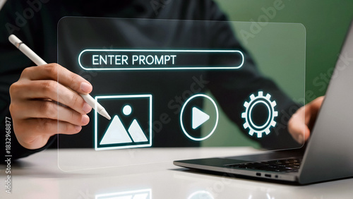 Creating stunning digital content using AI prompt entry on futuristic holographic interface