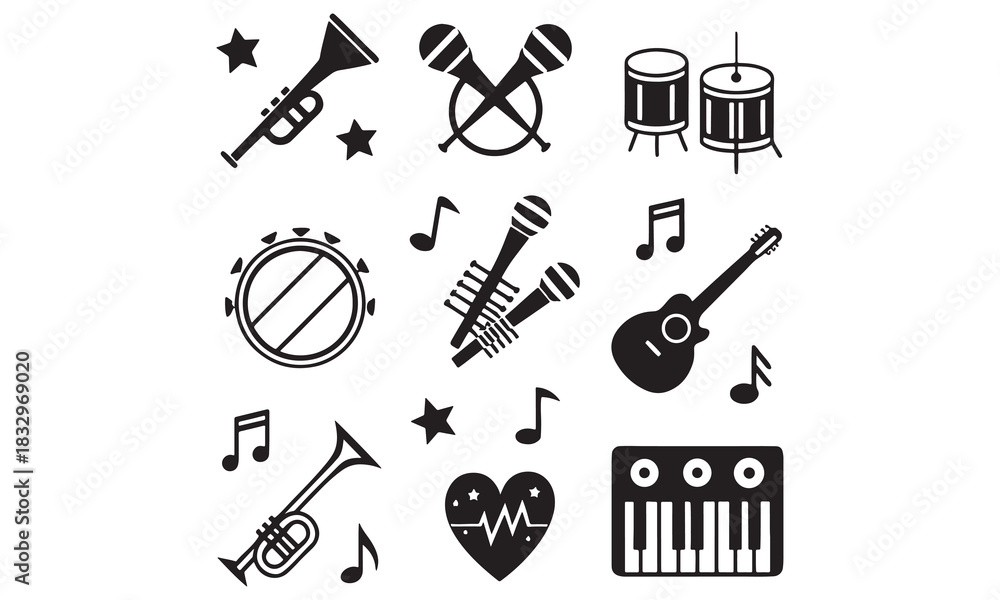 Obraz premium Music Icons Collection – Musical Instrument Symbols, Studio Tools & Sound Design Elements